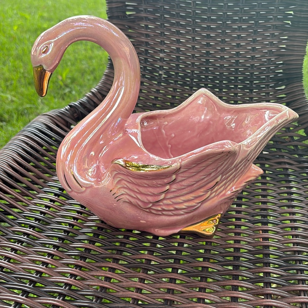 VTG Swan Planter Stanford Sebring USA Iridescent Pink Gold MCM Decor 60's